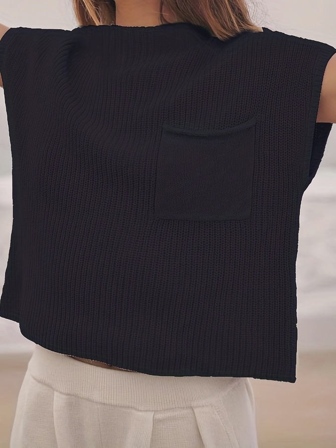 Solid Sleeveless Pocket Sweater blk
