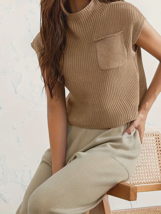 Solid Sleeveless Pocket Sweater khaki