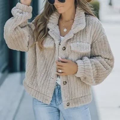 Fuzzy Button Up Collared Neck Jacket beige