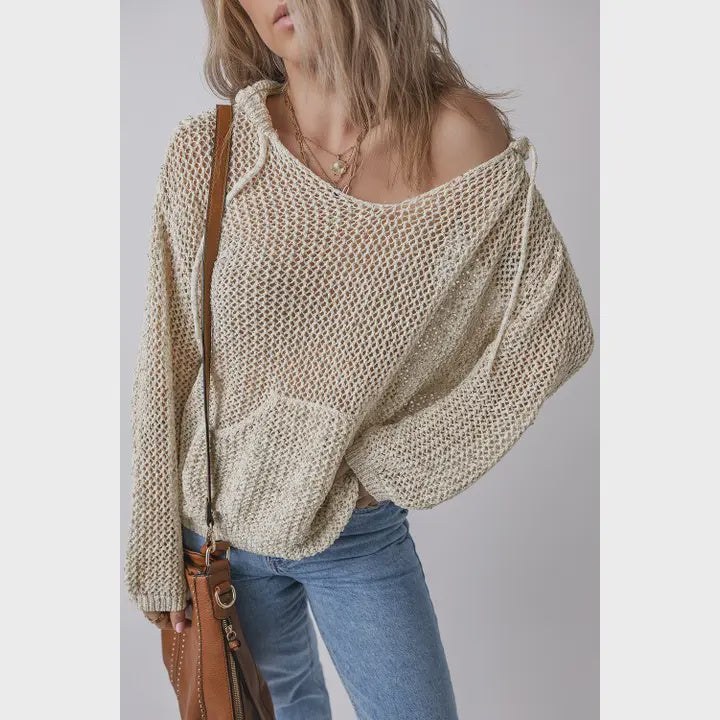 Pocket Ivory v neck hooded sweater