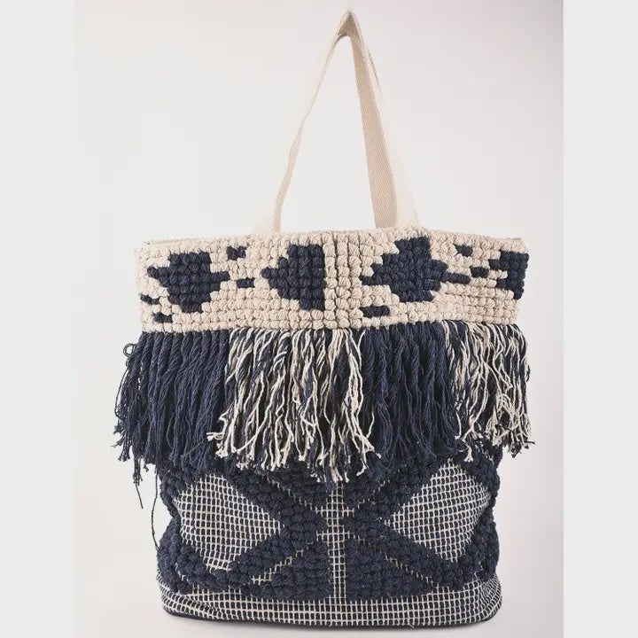Beige and Navy jute tote