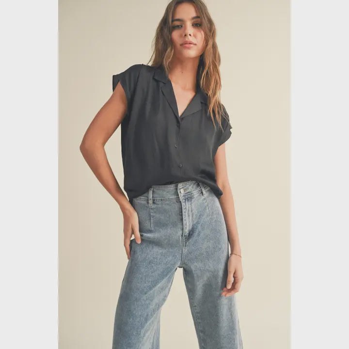 Button Down cap sleeve  Blk