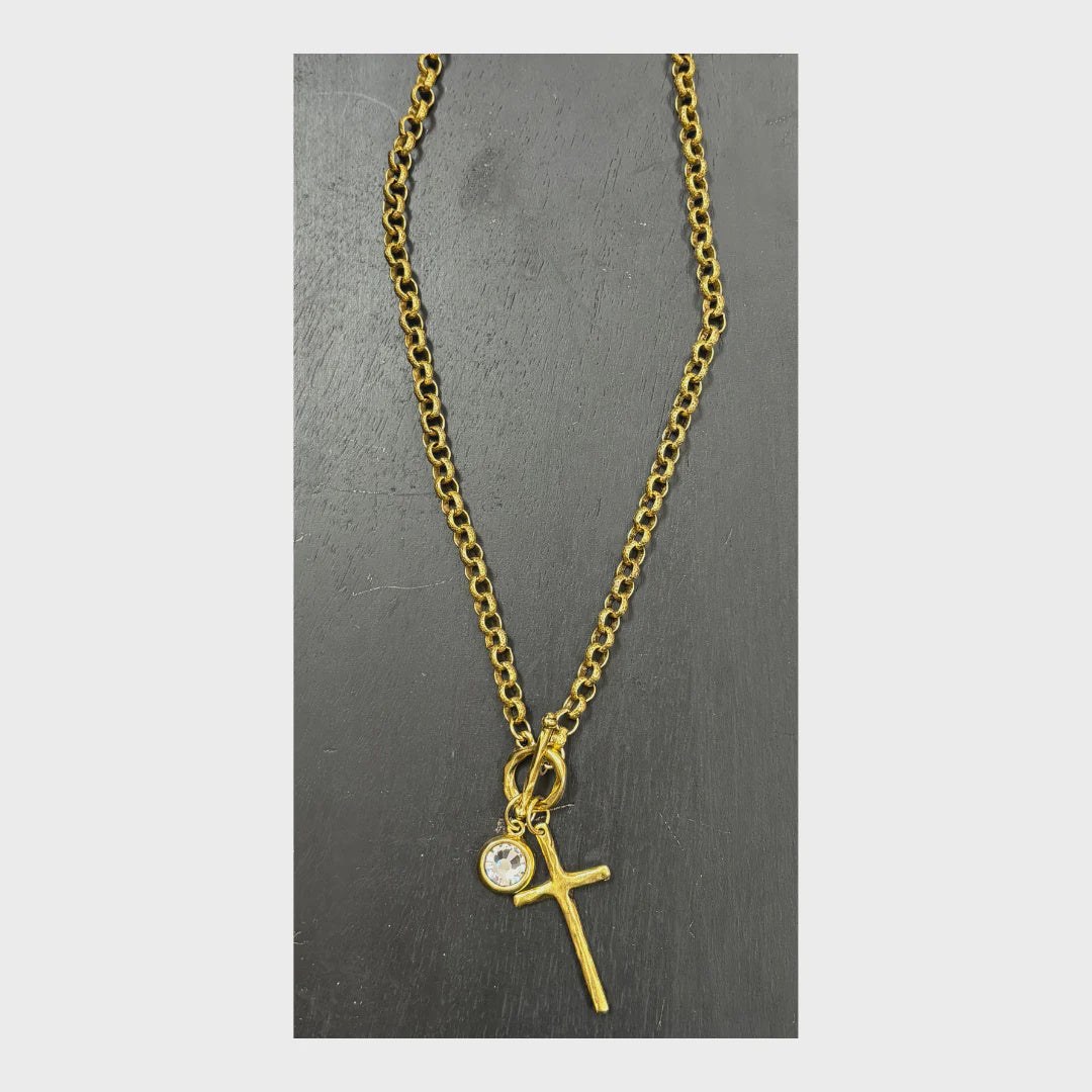 17" gold plated chain necklace with gold plated cross and crystal