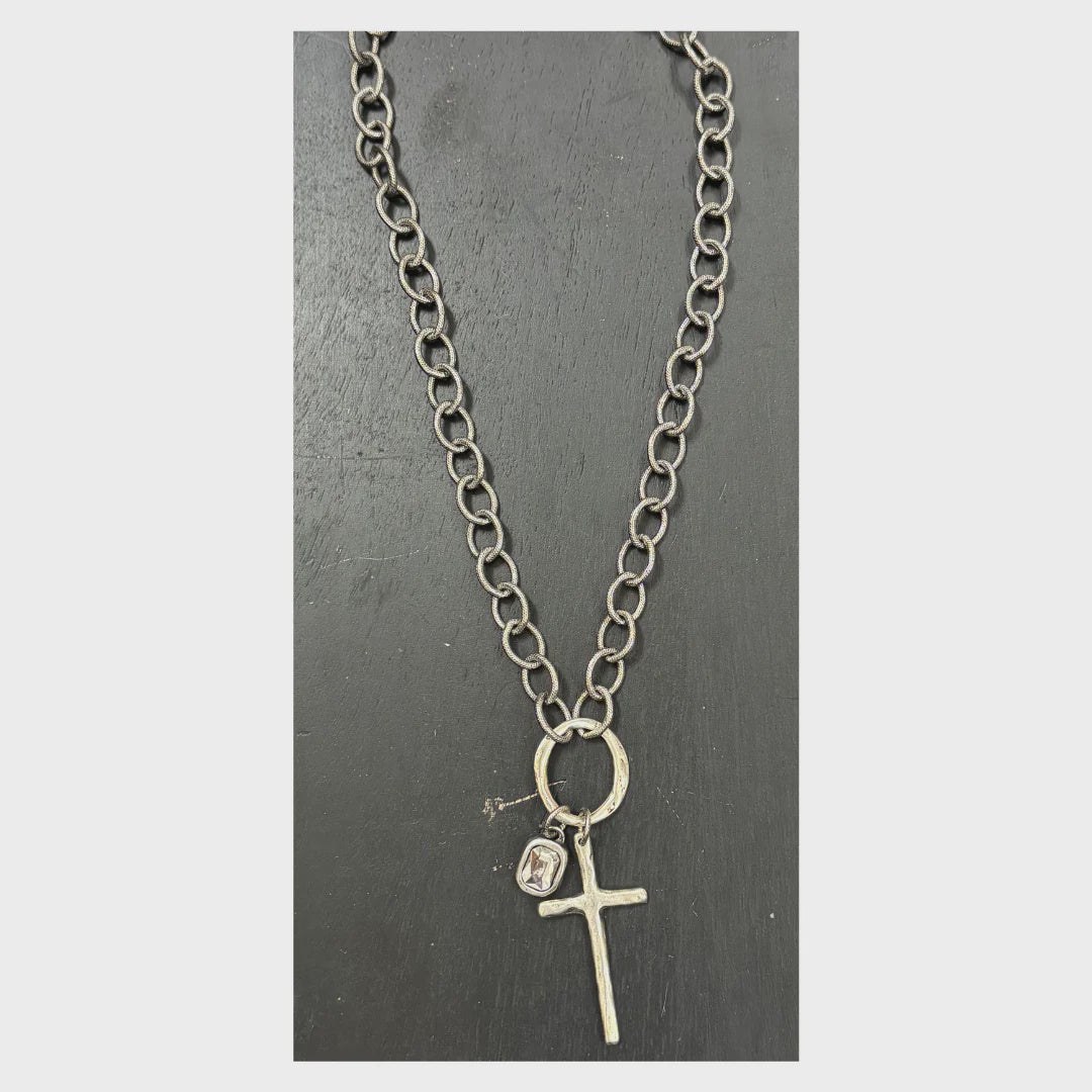 17" antique silver chain necklace with silver pewter and crystal pendants