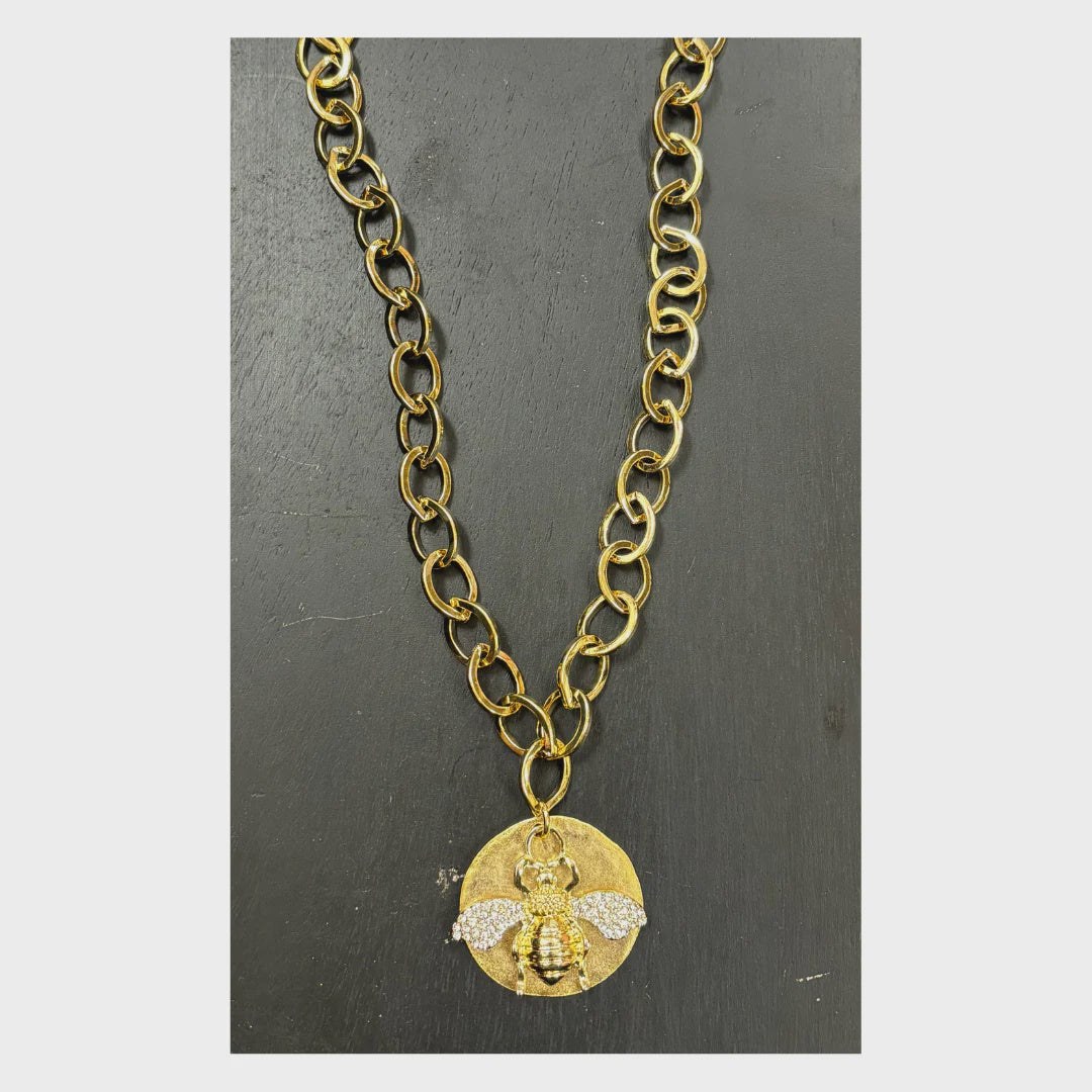 17" gold plated chain necklace with cz bee and gold plated medallion