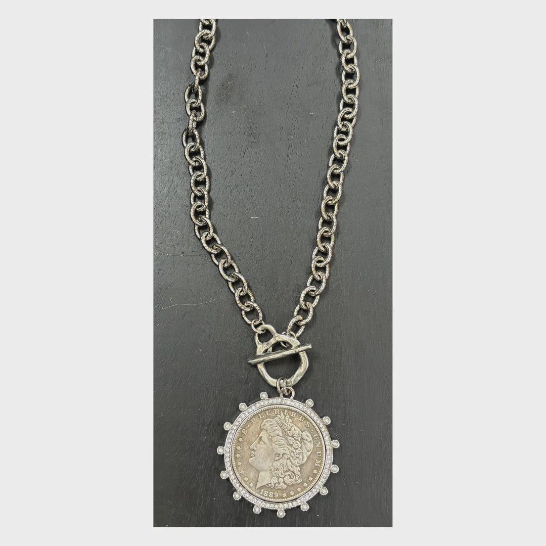 17" antique silver chain toggle necklace with silver replica coin pendant