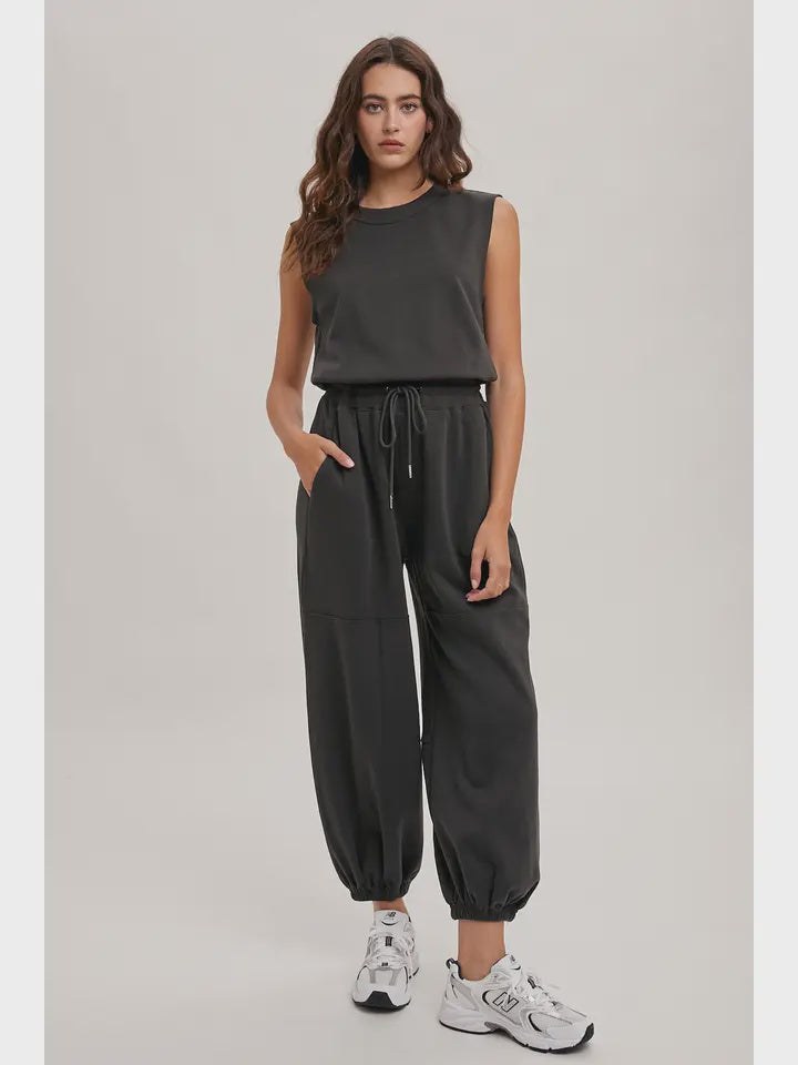 Drawstring Waist Sleeveless Knit Active Jumpsuit ASH