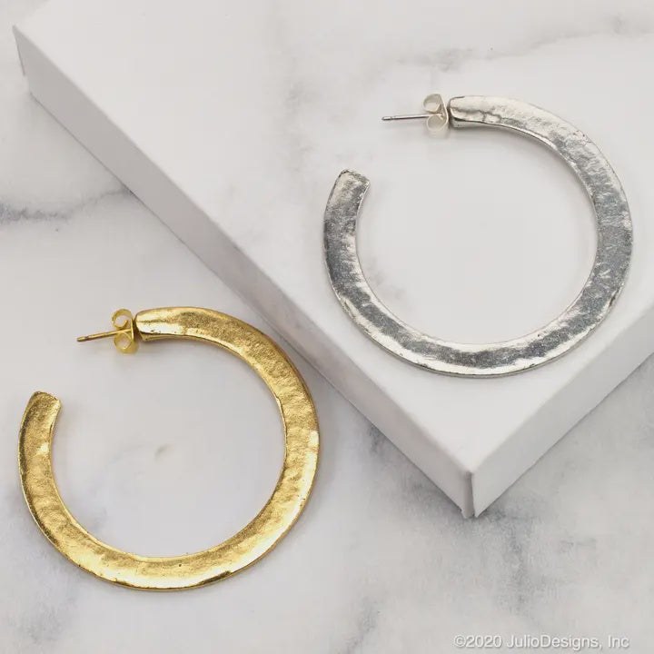 Hammered Knife Edge Post Hoop Earring 2" Diameter