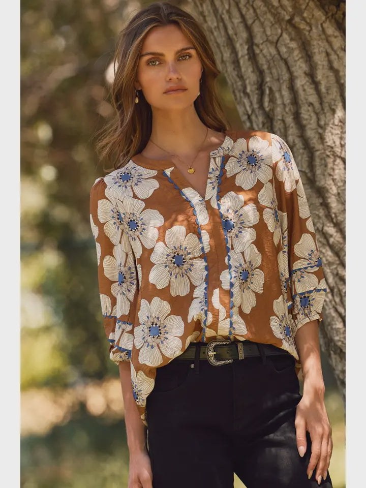 Floral Printed 3/4 Sleeve Blouse brown