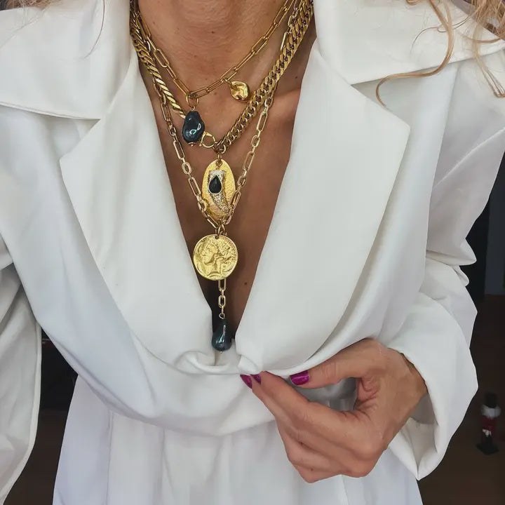 gold necklace with blk Peral charm