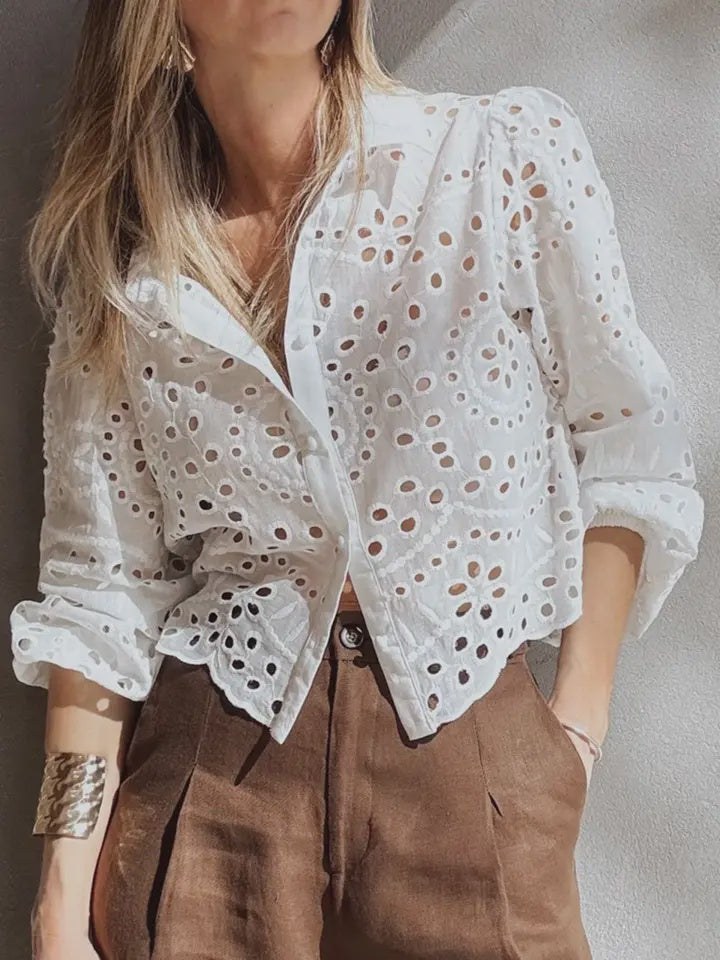 White Eyelet Embroidered Puff Sleeve Crop Shirt