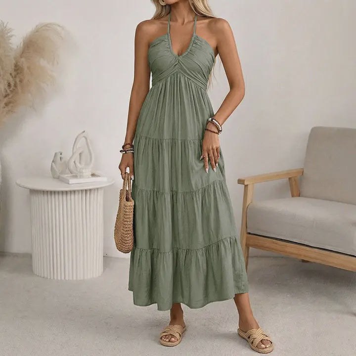 Women's long dress with V-neck and layered halter neckline