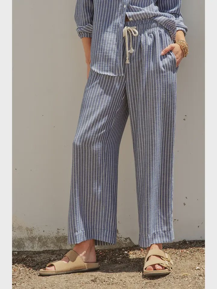 Linen Wide-Leg Drawstring Pants navy stripe