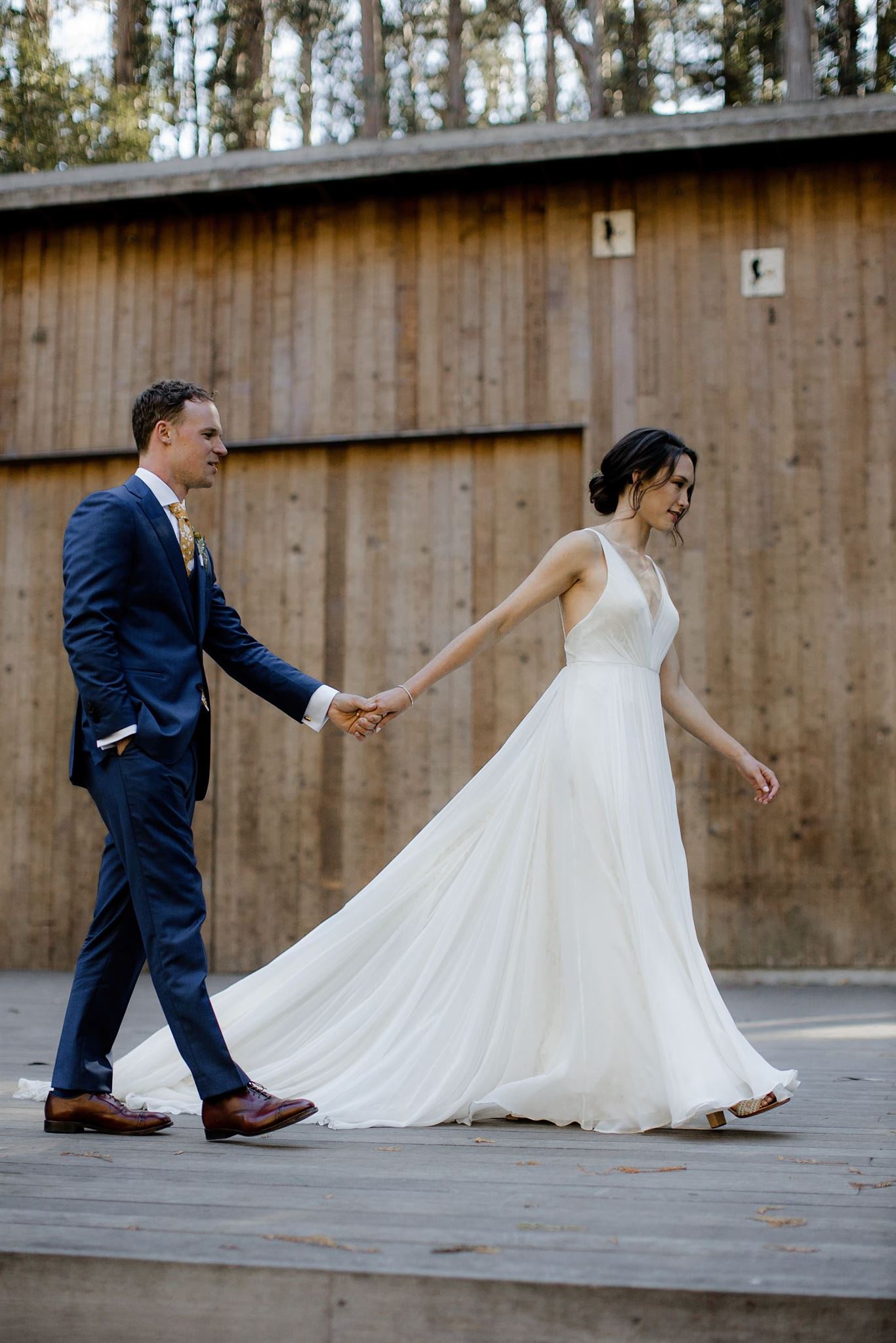 Newly married couple walking together