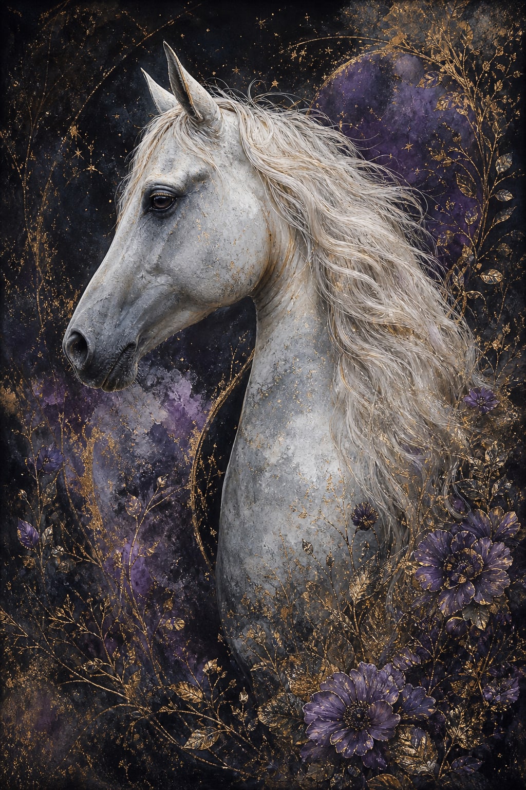 White horse fine art with plum and gold botanical details