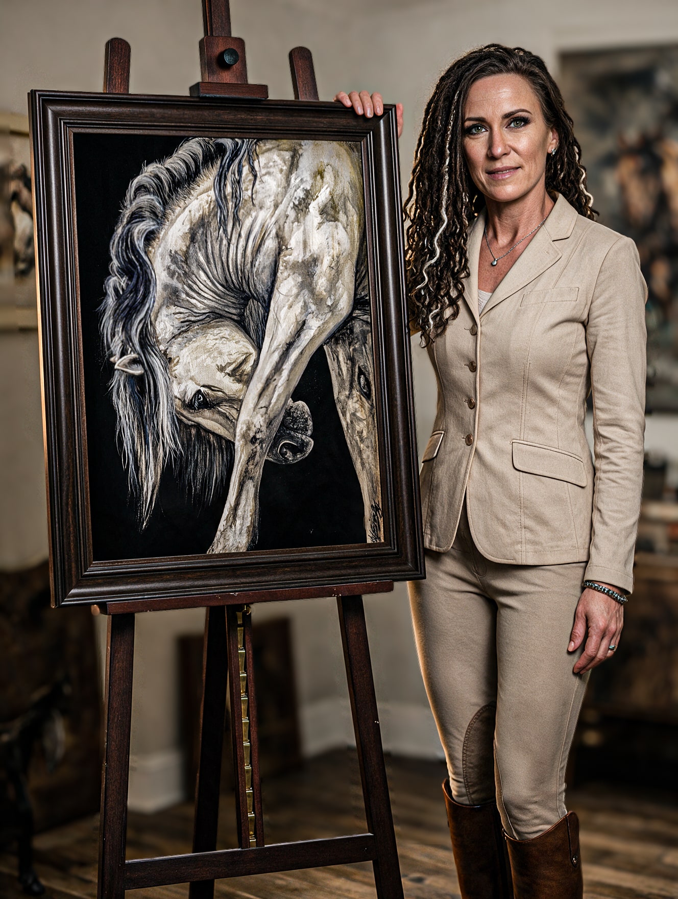 Nadine Ewing beside an original framed horse portrait