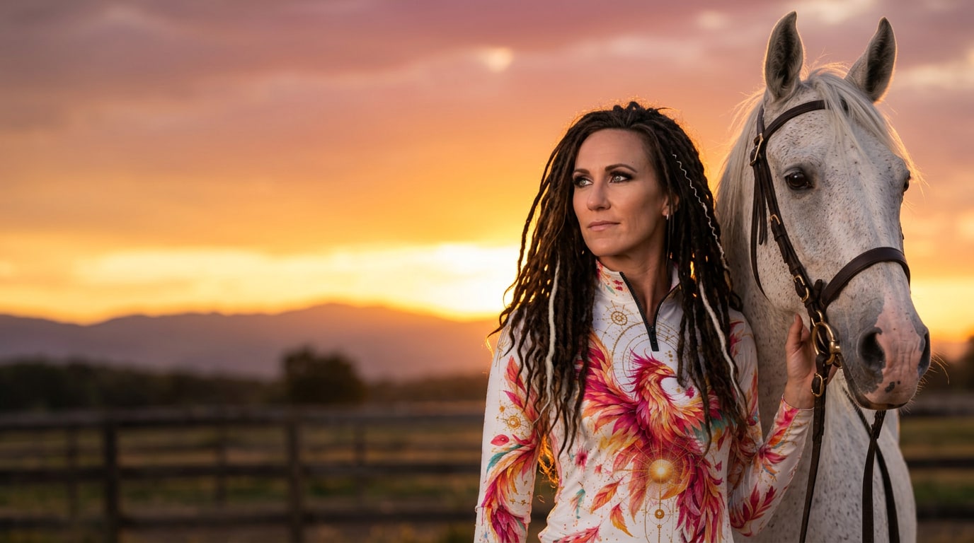 Nadine beside a white horse at sunset, wearing original phoenix art