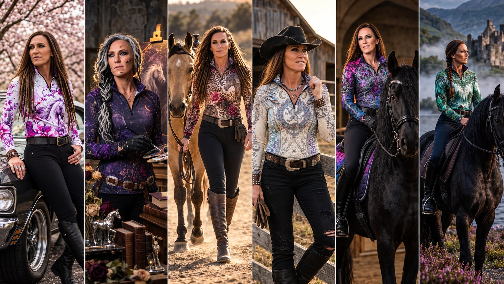 Six equestrian fashion portraits featuring Nadine Ewing and her original wearable art