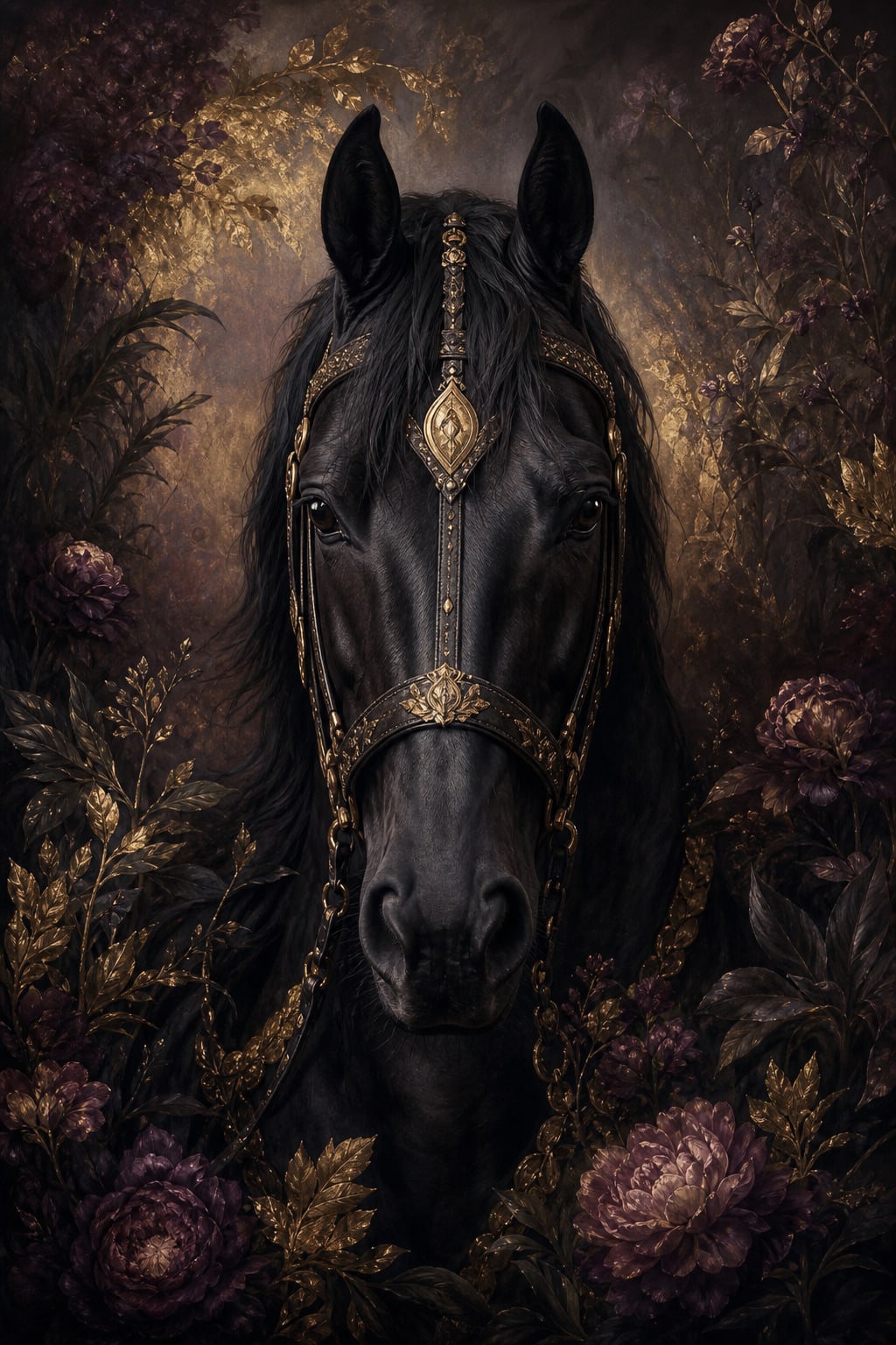 Black horse portrait with antique gold bridle