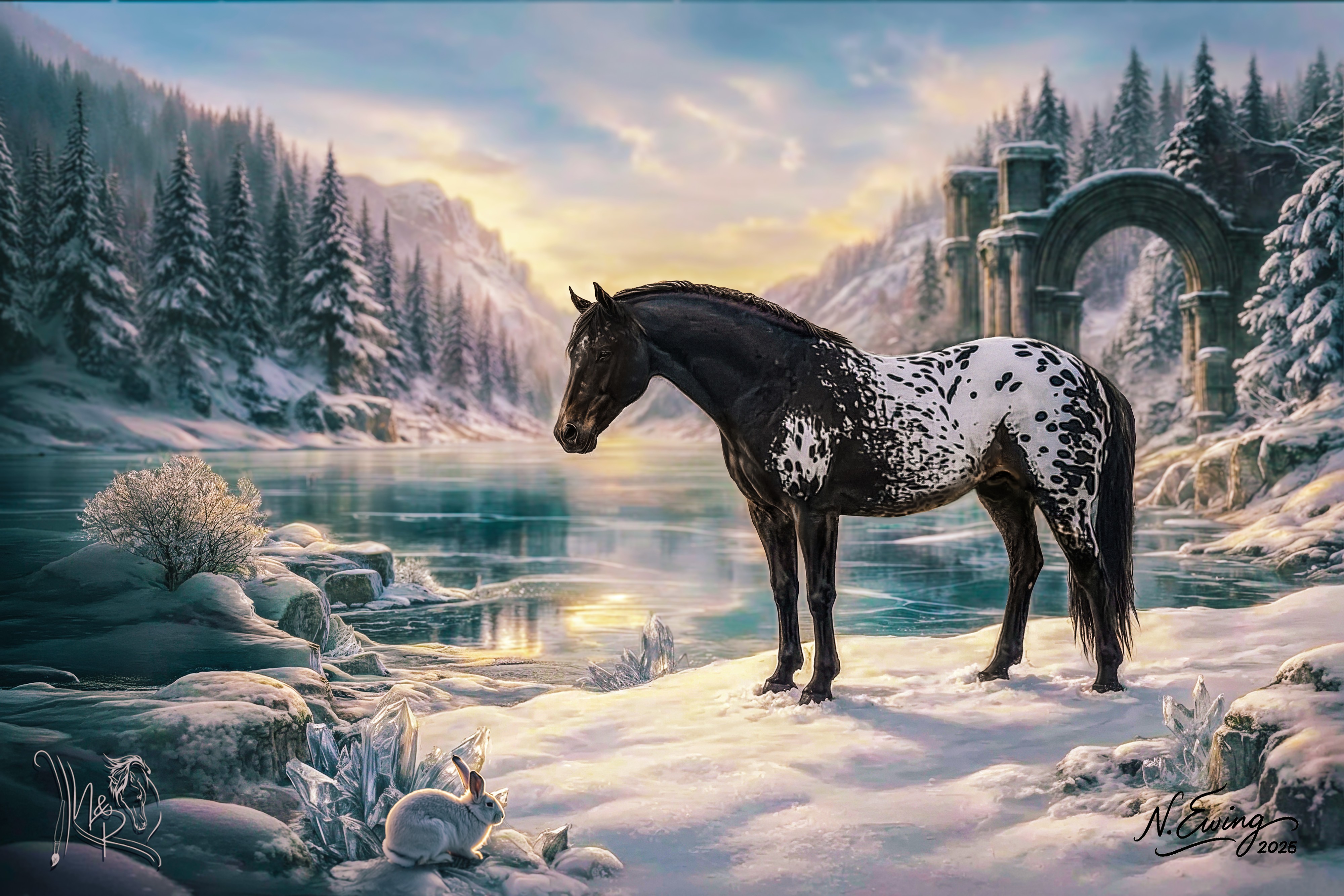 Appaloosa horse standing beside a frozen lake in a winter fantasy landscape