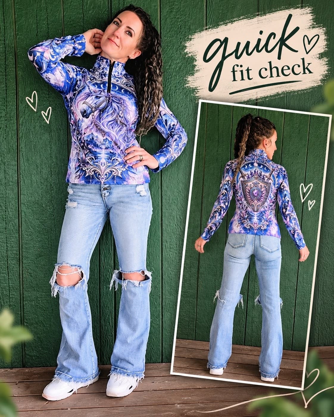 Nadine wearing a blue wearable art shirt in a size small, shown from the front and back