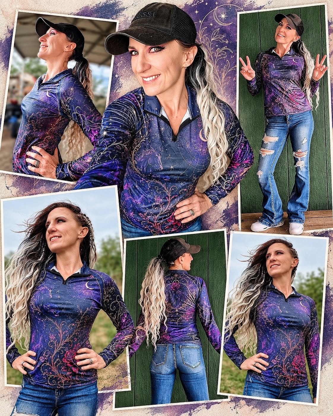 Nadine wearing a violet wearable art shirt, shown in several views