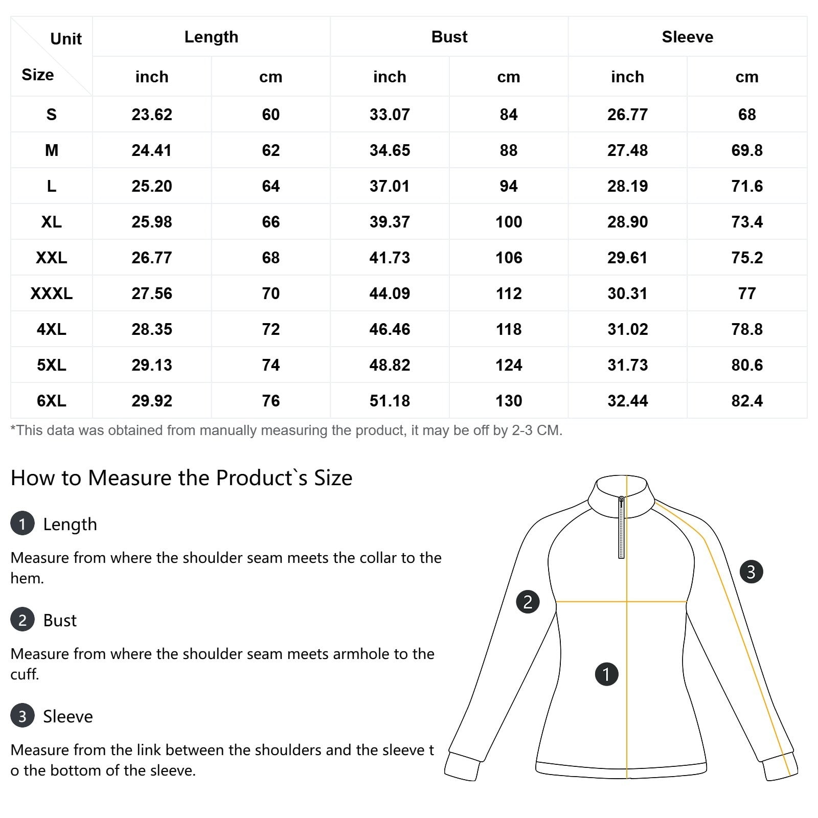 Wearable art shirt garment size chart from size S through 6XL, with length, bust, and sleeve measurements in inches and centimeters