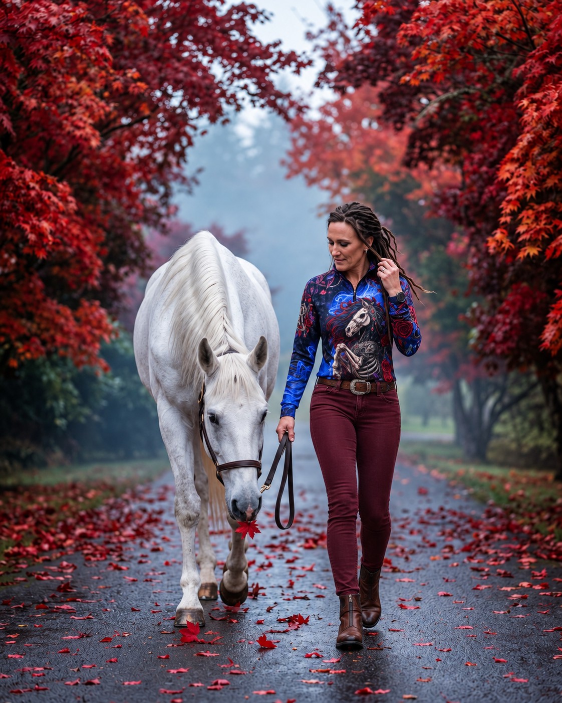 Nadine walking beside a white horse beneath autumn leaves