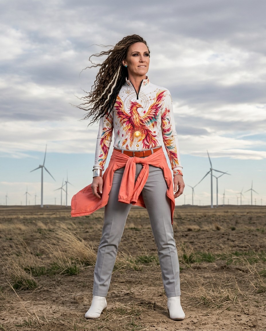Nadine wearing phoenix art in an open Texas landscape