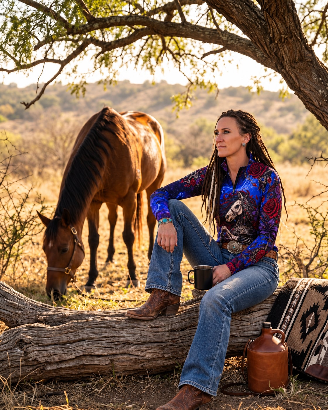 Nadine wearing original equestrian performance art beside her horse