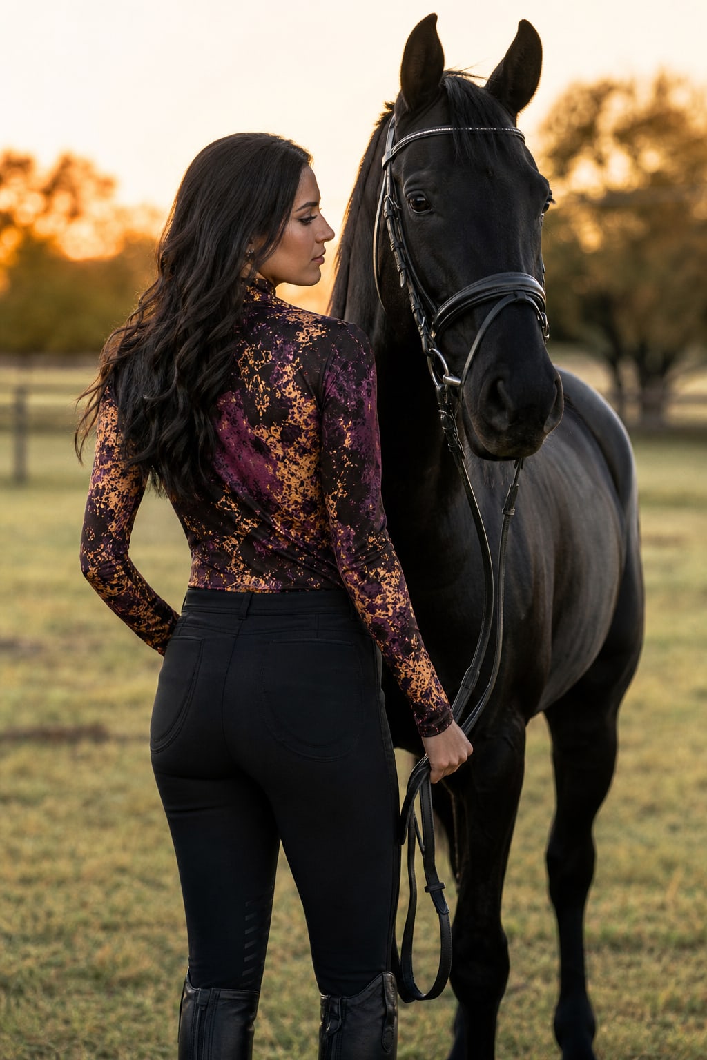 Rider in an original patterned performance shirt beside a black horse