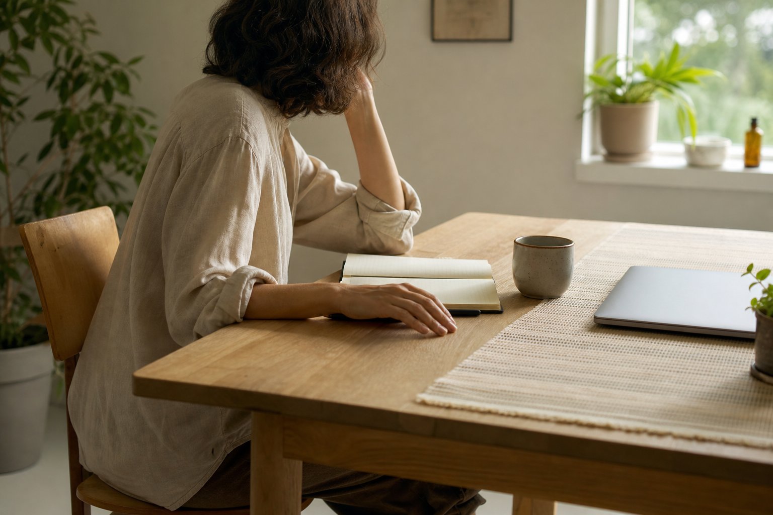 Person pausing at a home workspace with a notebook and closed laptop