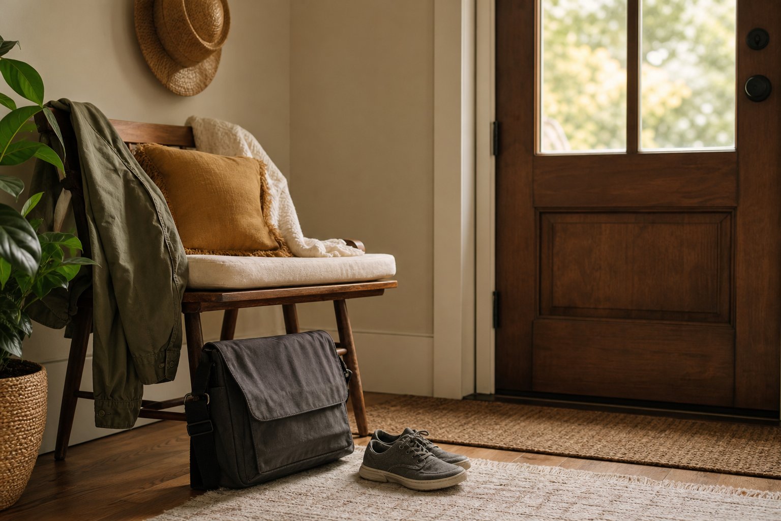 A work bag and walking shoes resting by a quiet home entryway