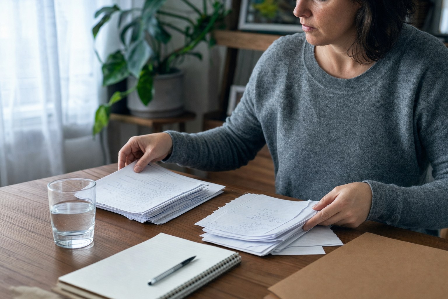 Person sorting papers at a home desk