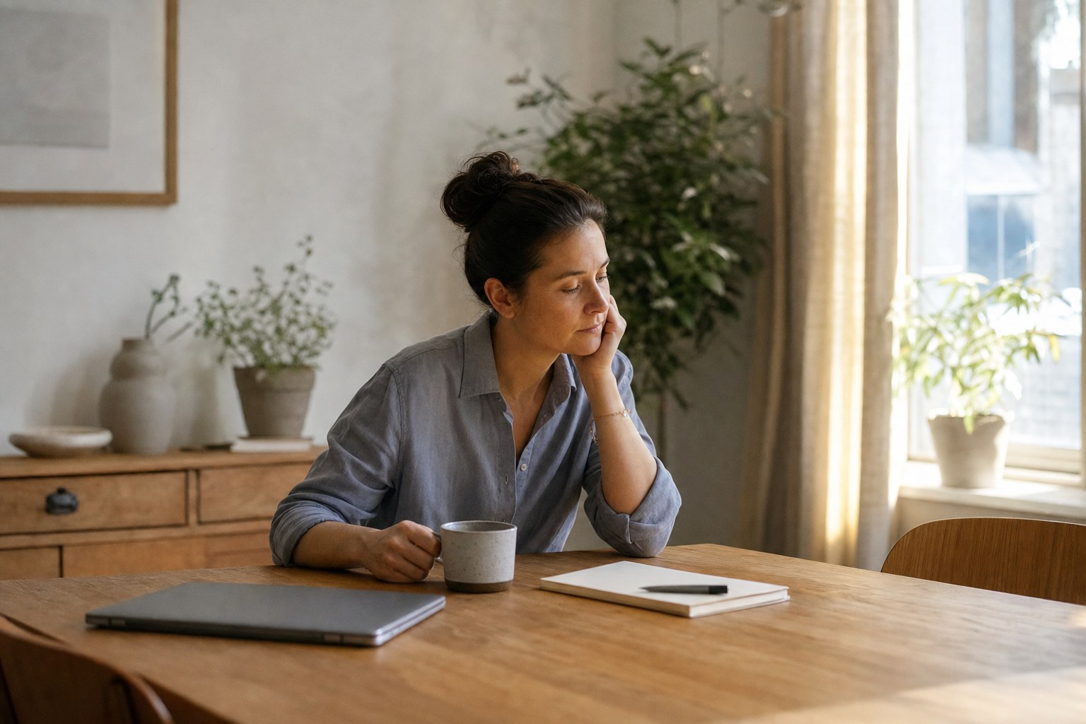 Person pausing quietly at a home workspace
