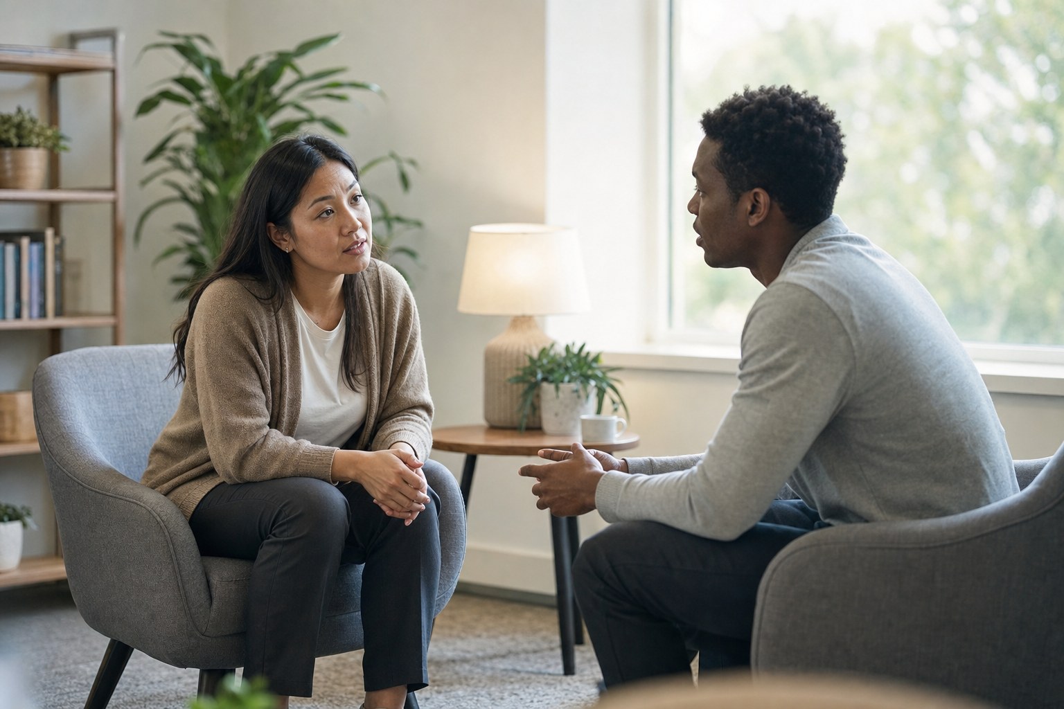 Counselor and client talking in a comfortable office