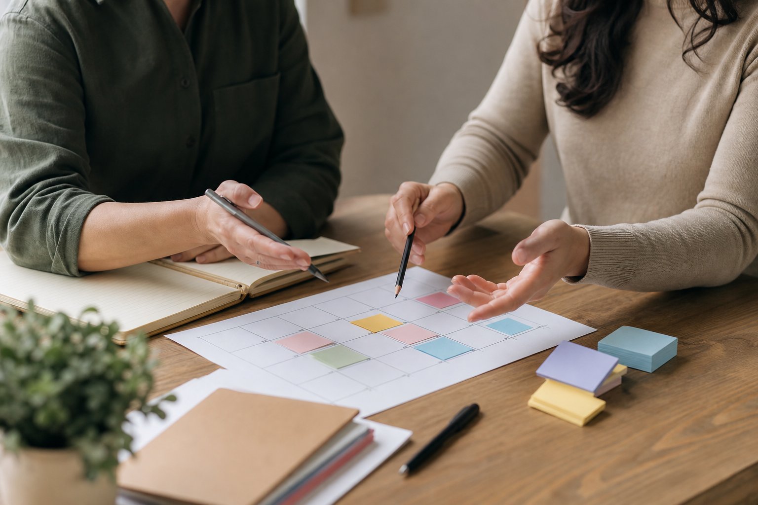 Two people discussing a paper planning calendar at a table