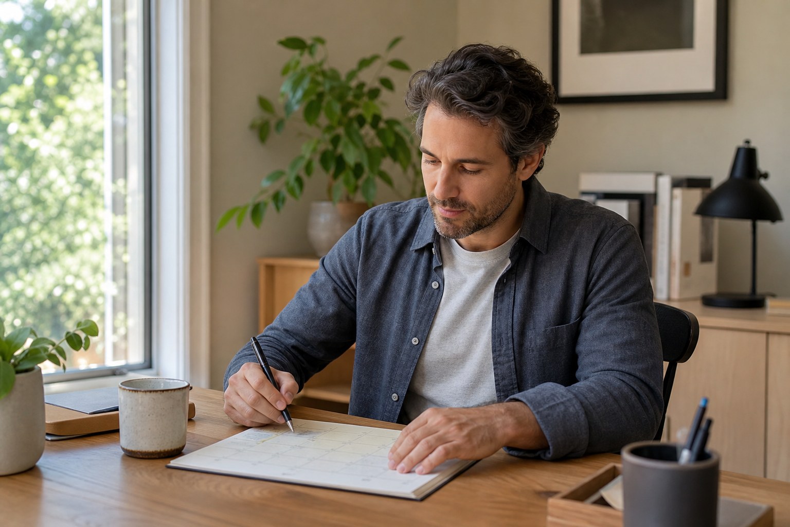 Professional reviewing a paper planner at a desk
