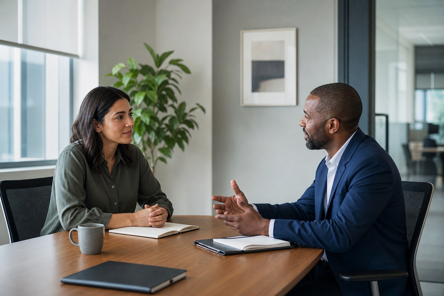Two professionals having a calm conversation about priorities