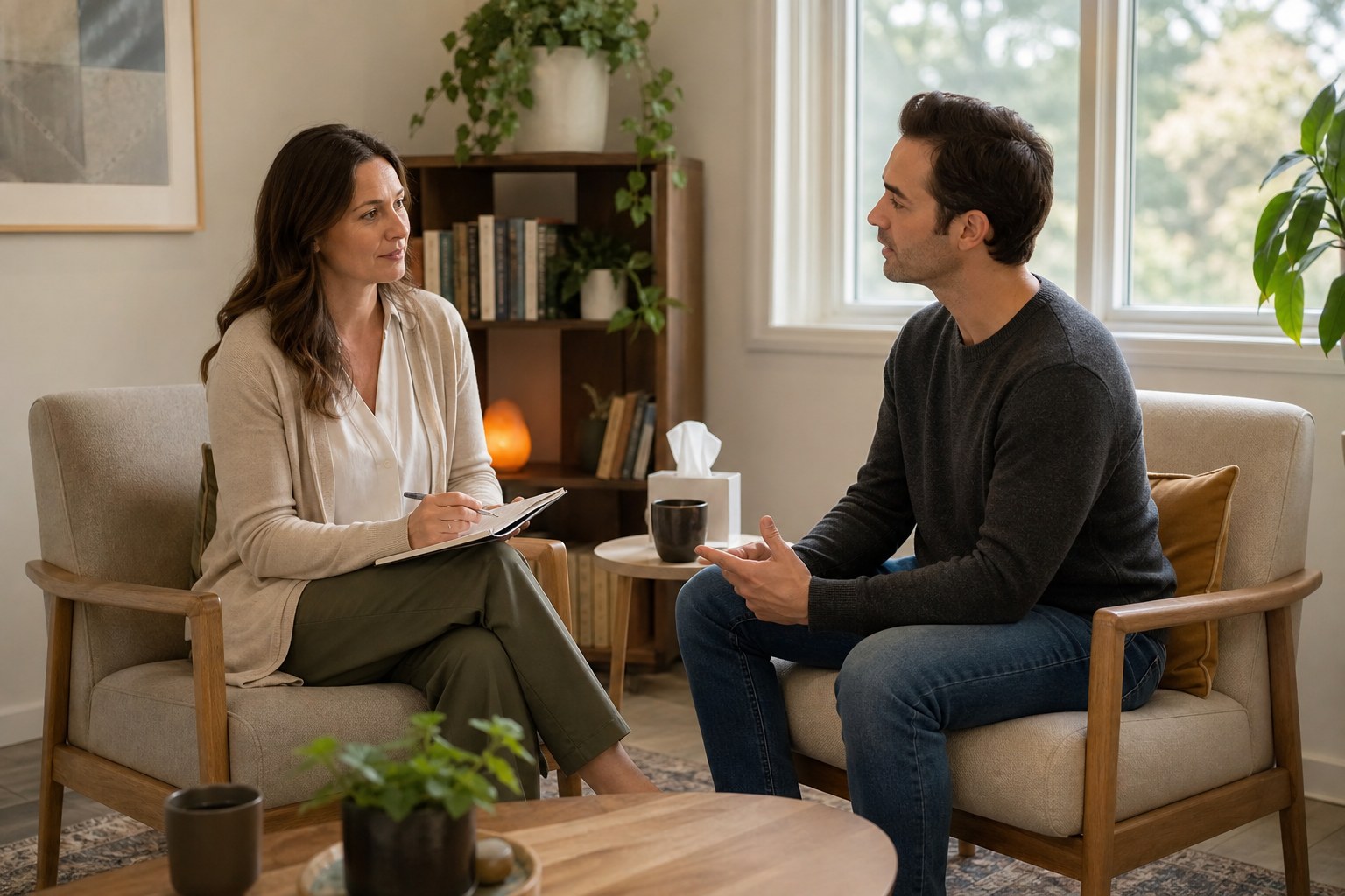 Counselor and client talking in a comfortable private office