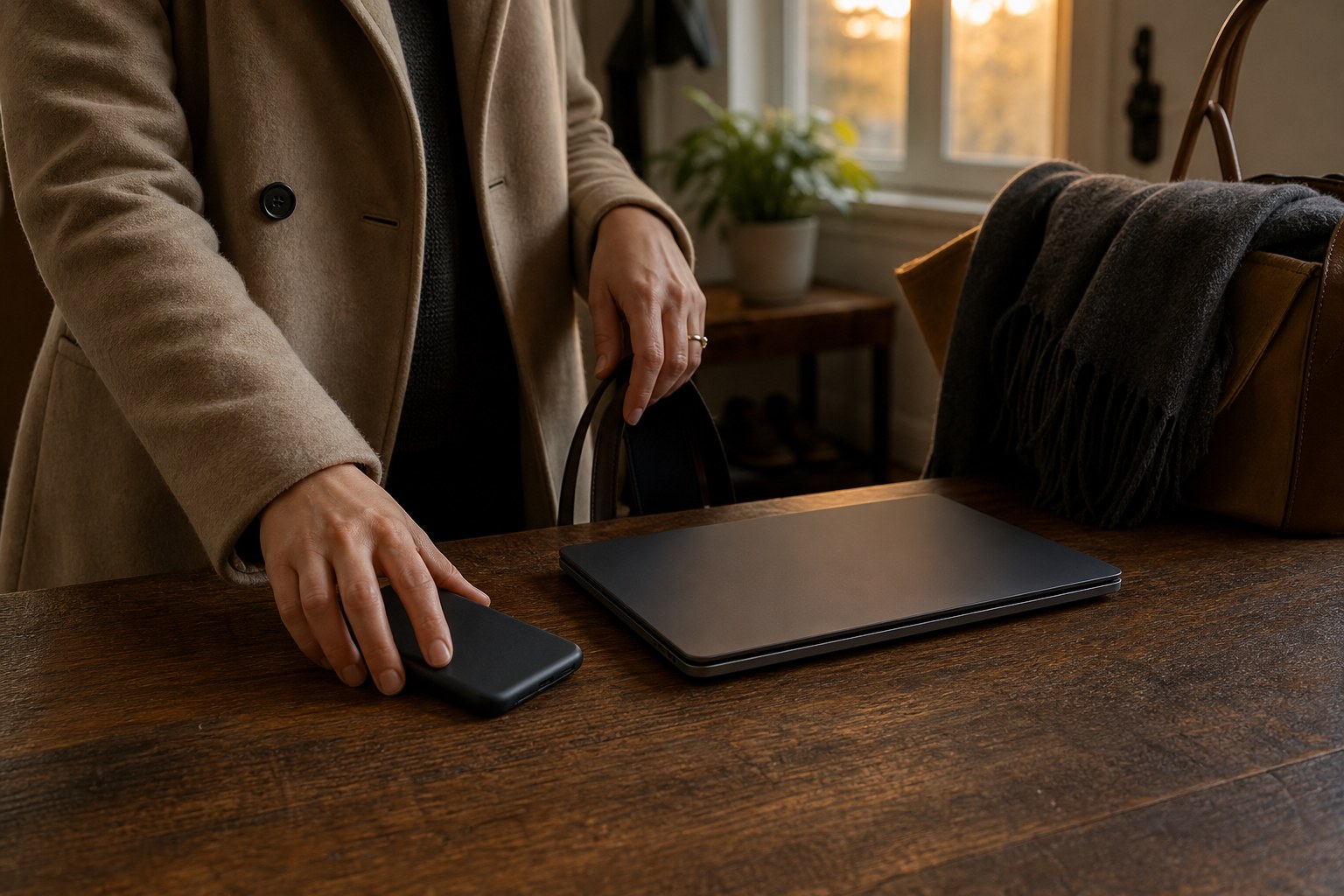 Person setting down a work phone beside a closed laptop