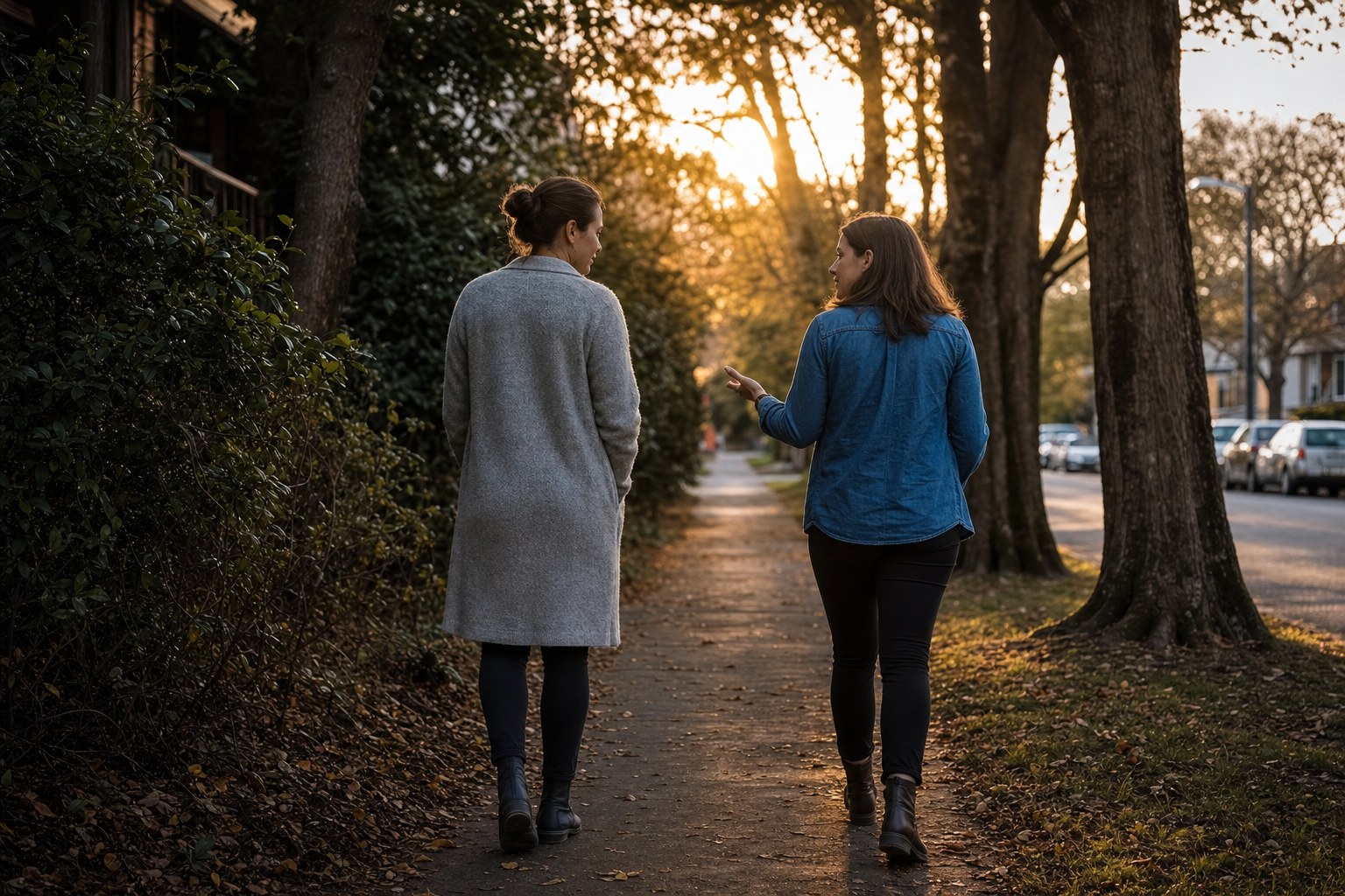 Two friends walking together and talking on a quiet neighborhood path