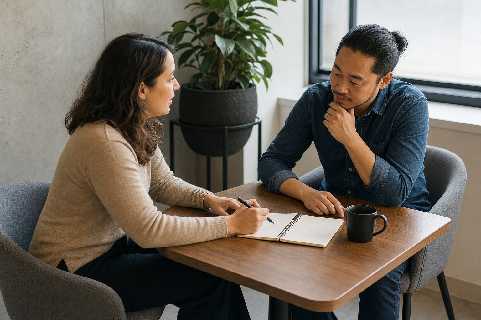 Two professionals having a calm conversation while reviewing priorities in a notebook