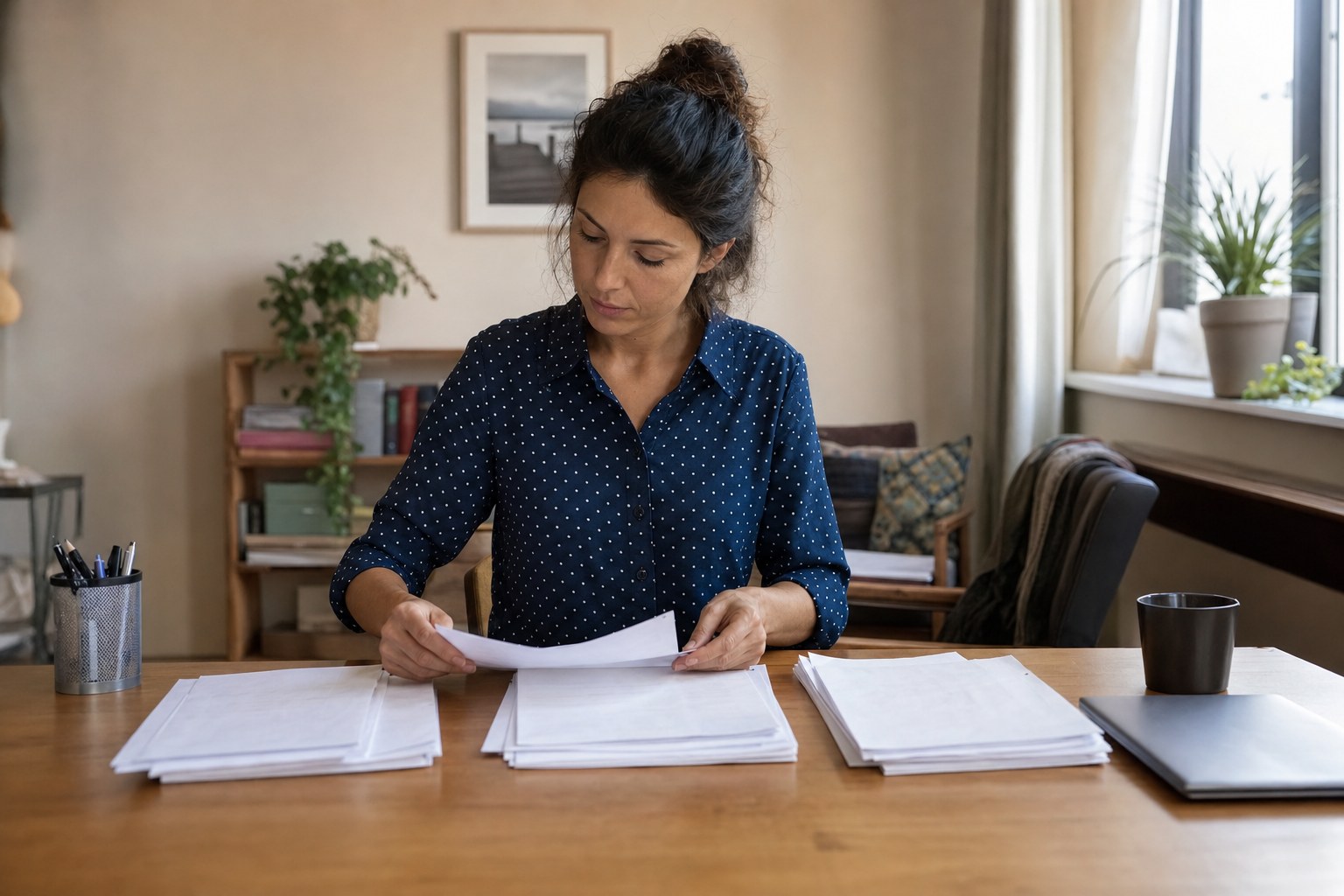 Professional sorting work papers into clear priority groups at a desk
