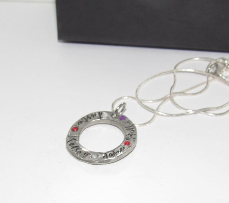 Personalized mom necklace with birthstone, Pewter family charm necklace, mothers jewelry, custom hand stamped jewelry gift for grandma, view 3