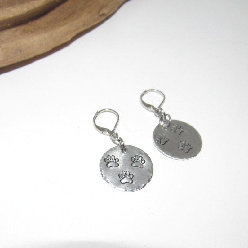 Custom personalized paw print earrings, dangle drop Dog mom earrings, pet lover gifts for her, puppy mom gifts, custom hand stamped jewelry, view 6