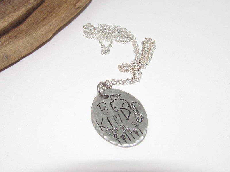 Pewter Be Kind necklace,reminder necklace, personalized jewelry for mom, Mothers custom hand stamped jewelry, view 2