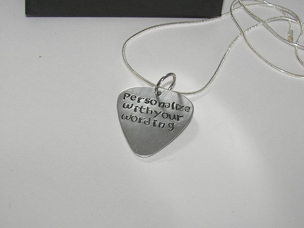 personalized guitar pick necklace , custom hand stamped jewelry , musician gift , pick your wording necklace, handstamped jewelry, view 6