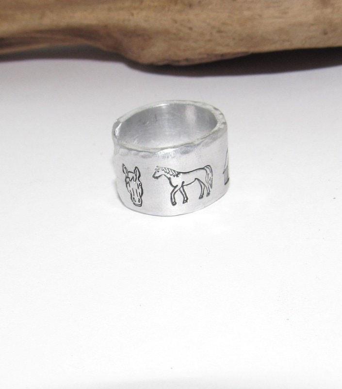 Horse lover Adjustable stamped ring, barn aluminum ring, inspiration rings, adjustable silver ring, stamped jewelry,, view 5