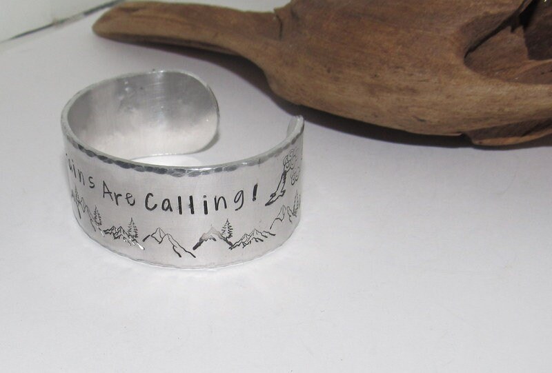 The mountains are calling cuff, Mountain theme Wide silver bracelet, adjustable personalized cuff, stamped silver cuff bracelet,, view 6